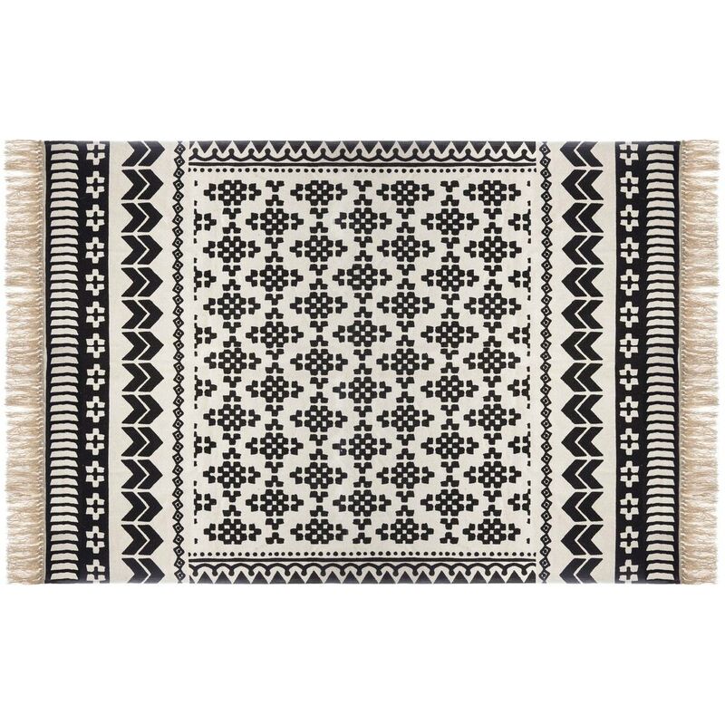 Tapis en coton à motif ethnique, imprimé oriental, blanc et noir, 120 x 170 cm