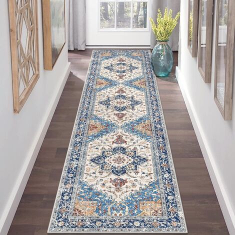 Tapis Couloir 40x160cm Style Bohème Vintage Fausse Laine Poils Ras Antidérapant Lavable Machine Multi Usage