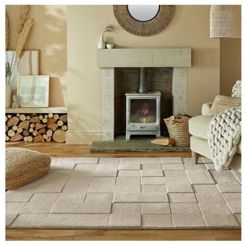 Flair Rugs - Tapis cubique laine moderne rectangle Checkerboard Naturel 160x230