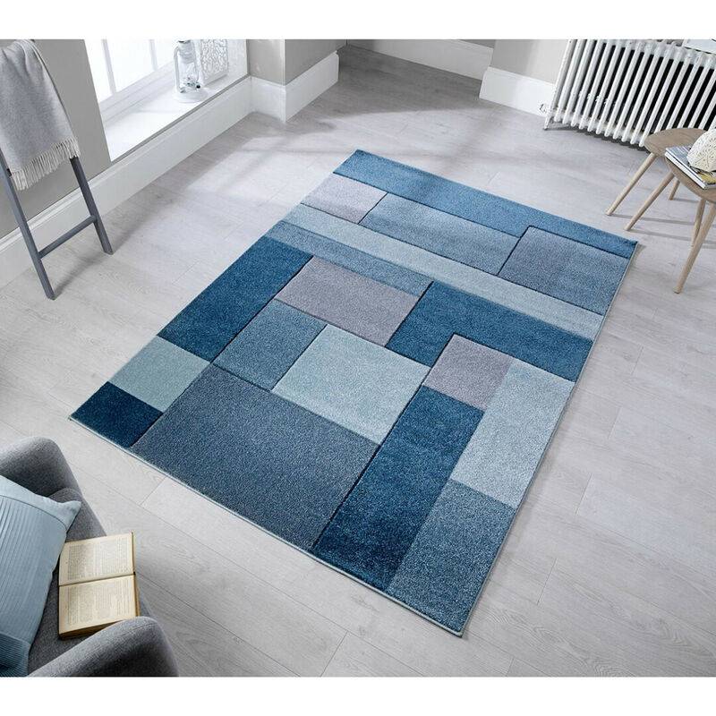 Tapis cubisme courtes mèches design pour salon Cosmos Bleu jeans 80x150