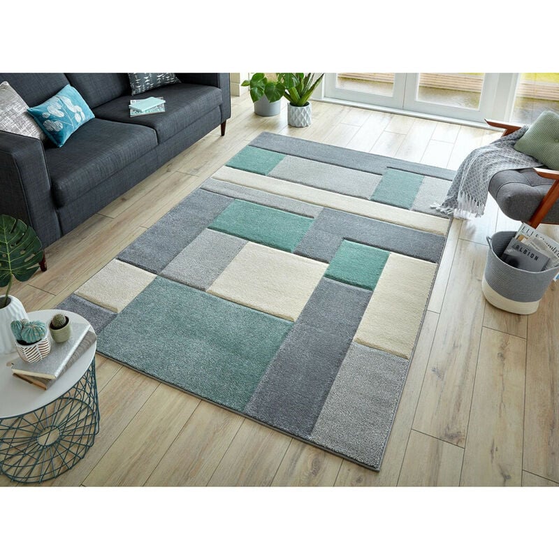 Flair Rugs - Tapis cubisme courtes mèches design pour salon Cosmos Menthe 80x150