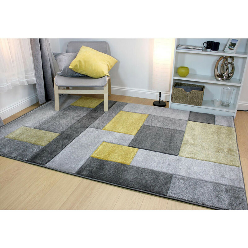 Flair Rugs - Tapis cubisme courtes mèches design pour salon Cosmos Jaune 120x170