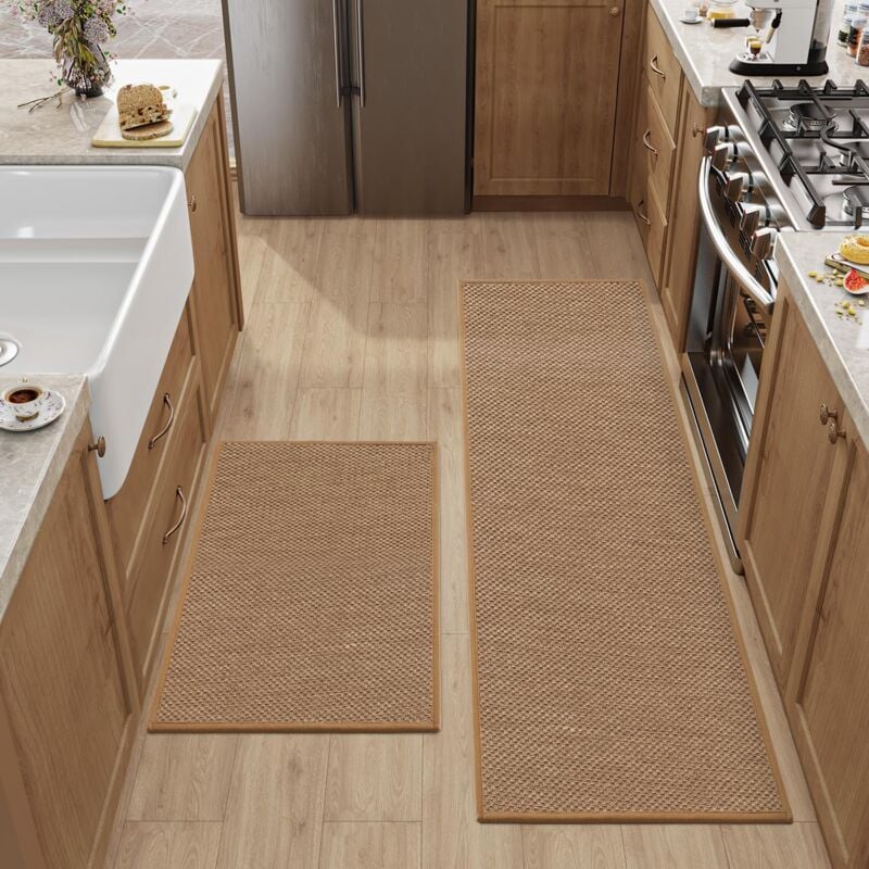 Tapis Cuisine Devant Evier Tapis de Couloir en tpr Caoutchouc Antidérapant Lavable pour Chambre Salon Bureau - Marron 45x70CM + 45x120CM