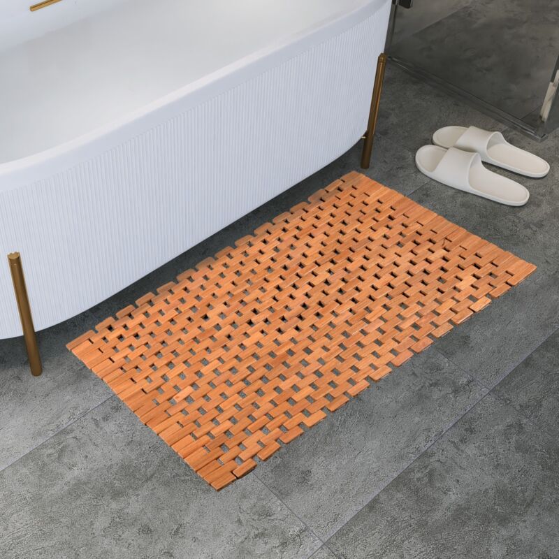 Tapis de bain 70x50x0,8 cm, tapis de douche en teck, pieds en caoutchouc antidérapants, enroulable, convient pour salle de bain et toilettes