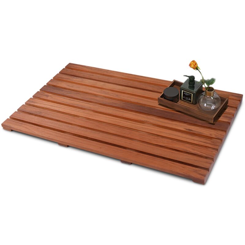 Tapis de bain 80x48x3 cm, teck, pieds antidérapants en caoutchouc, enroulable, tapis de douche en bois pour salle de bain et wc - Naturelle