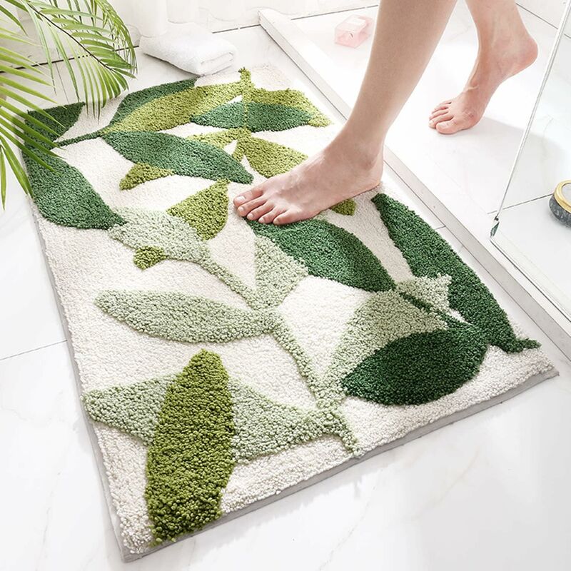 Tapis de Bain, Absorbant Antidérapant Doux et Agréable pour La Peau Tapis Salle de Bain Feuilles Vertes Motifs 45x65 cm