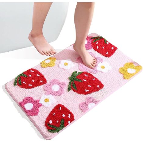 Tapis de bain antidérapant à motif fraise - 50 x 80 cm, absorbant, lavable, pour chambre, salle de bain, décoration intérieure