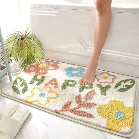 Tapis de bain antidérapant à motifs de plantes et de fleurs - Tapis doux et absorbant pour baignoire et sol de salle de bain - 40 x 60 cm