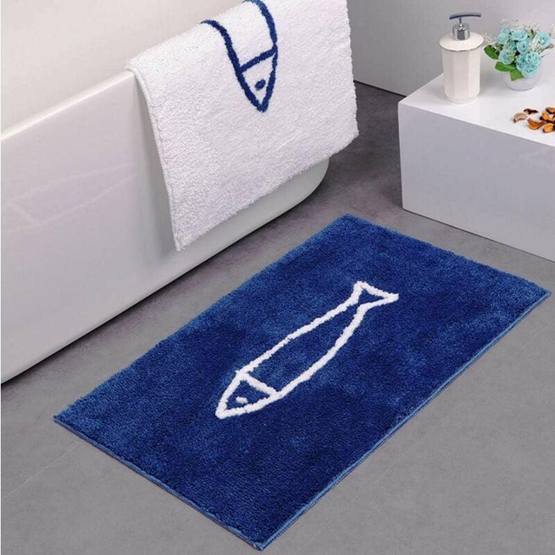 Tapis de bain antidérapant - Bleu et blanc - Motif poisson - Tapis de bain antidérapant - Séchage rapide (50 x 80 cm)
