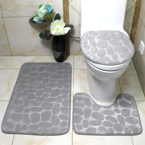 Tapis de bain antidérapant en relief, 3 pièces, tapis de sol antidérapant pour couvercle de toilette, hôtel gris