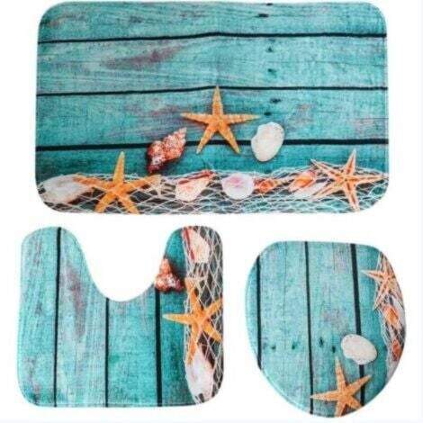 Tapis de bain antidérapant lot de 3 motifs coquillages et étoiles de mer – idéal salle de bain, vacances d’été, design estival