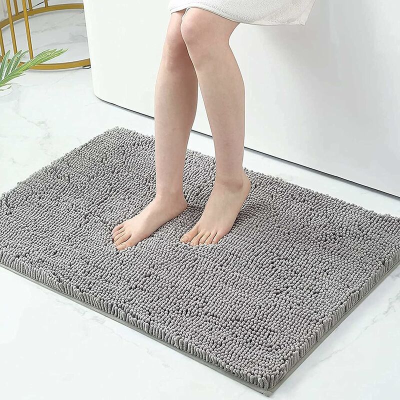 Tapis de bain antidérapant en microfibre chenille - Tapis de bain absorbant - 60 x 90 cm - Gris clair