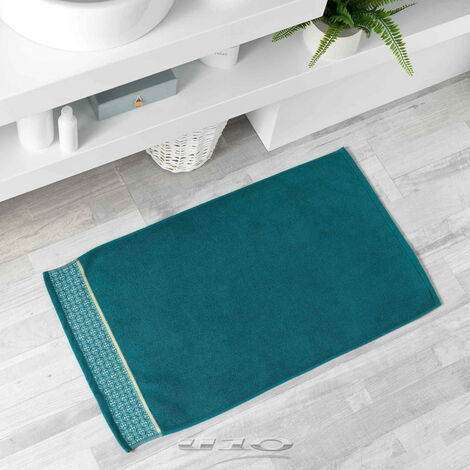 Tapis de bain avec broderies jacquards en coton - Bleu canard - L 85 x l 50 cm - Livraison gratuite - Bleu