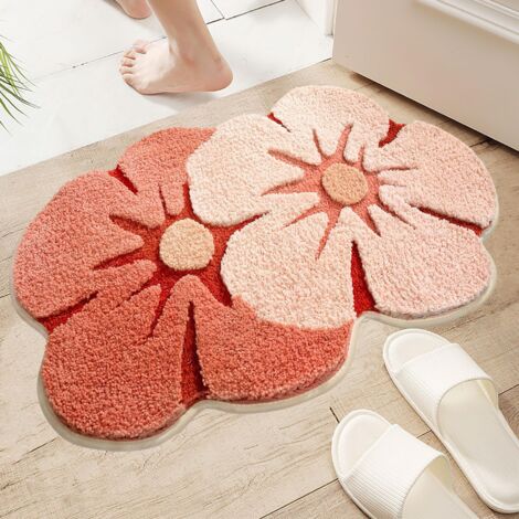 Tapis de bain avec fleurs roses - Doux - Antidérapant - Tapis de bain intéressant et absorbant - Lavable en machine - Convient pour salle de bain, balcon, cuisine - 45 x 70 cm (rose)