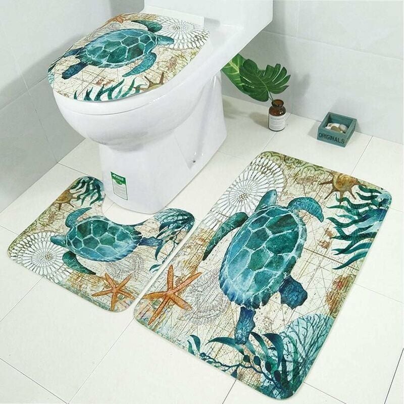 SNQ - Tapis de bain doux antidérapant imprimé animal de mer 3 pièces ensemble de salle de bain tapis Contour couvre-toilettes housse de siège de