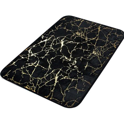 Tapis de bain effet marbre noir texturé - Séchage rapide, antidérapant, rectangulaire, en polyester - pour salle de bain, cuisine, chambre