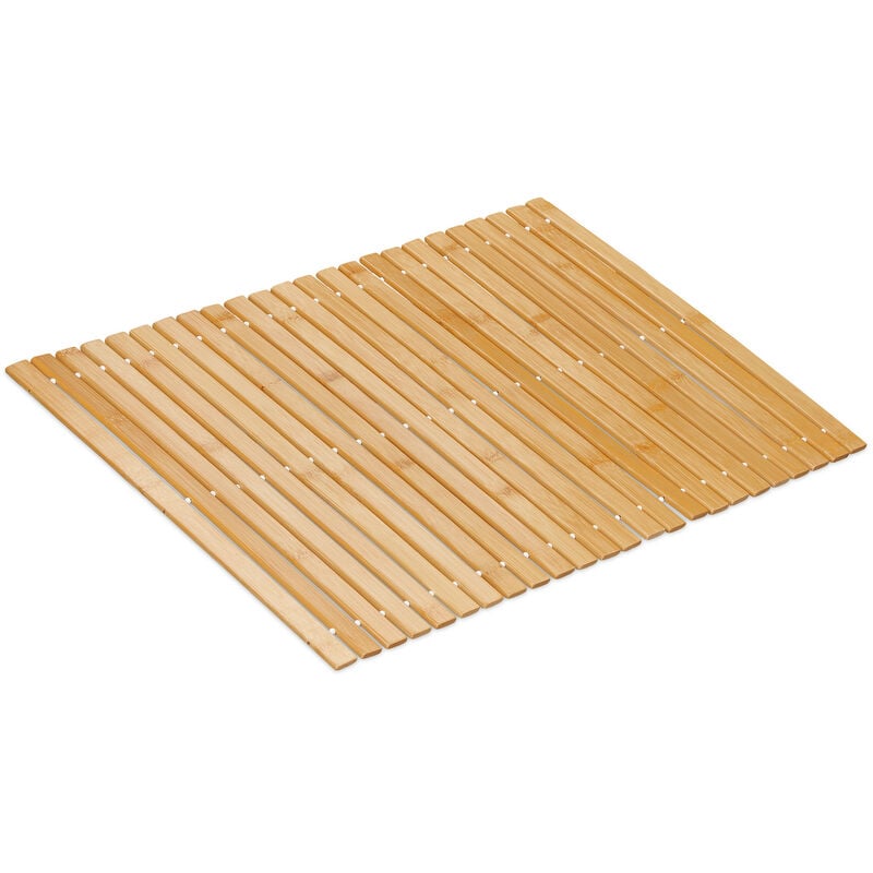 Tapis de bain, descente de douche en bambou, antidérapant, enroulable, 60 x 40 cm, nature et blanc - Relaxdays
