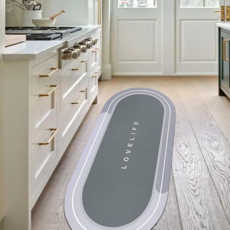 Tapis de bain en caoutchouc, séchage rapide, antidérapant, super absorbant, convient aux éviers de cuisine, salles de bains, salles de douche, baignoires, forme ovale (gris + 23,6 x 47,2 pouces).