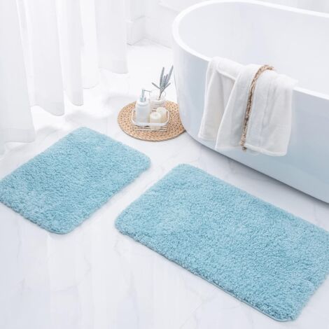 Tapis de bain en microfibre antidérapant, 1 lot de coussinets absorbants, tapis de douche ultra doux, lavable en machine, bleu 40 x 60 cm