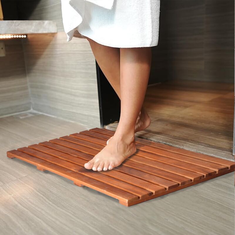 Tapis de bain en teck 80x48cm, tapis de douche en bois, pieds en caoutchouc antidérapants, enroulable, intérieur, salle de bain, douche, spa, sauna
