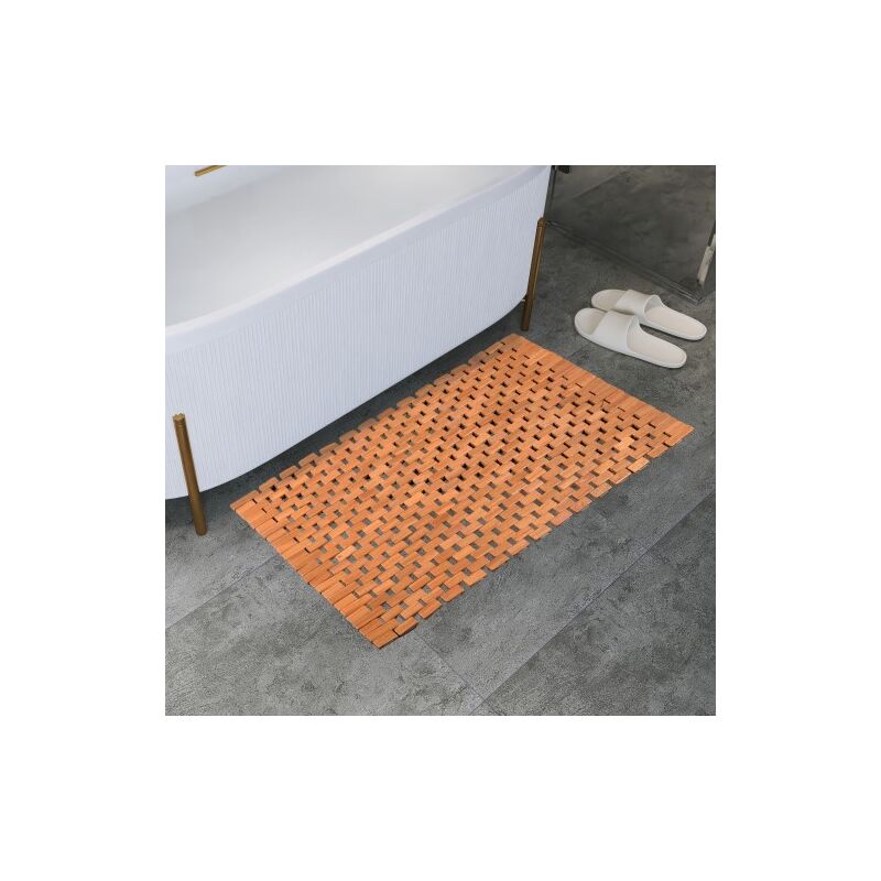 Ineasicer - Tapis de bain en teck, tapis de douche en bois, tapis de baignoire, pieds en caoutchouc antidérapants, enroulable, salle de bain, douche,