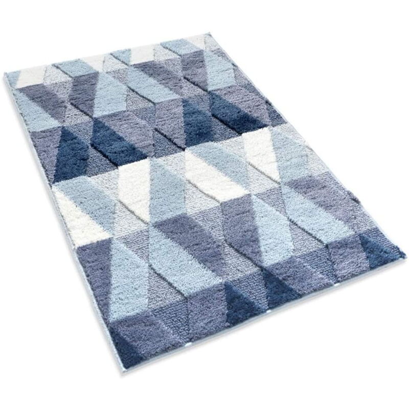 Tapis de bain, grand tapis de salle de bain, 61 x 101 cm, bleu, absorbant, en microfibre, motif géométrique, tapis de douche, bleu, 61 x 91 cm, F81310