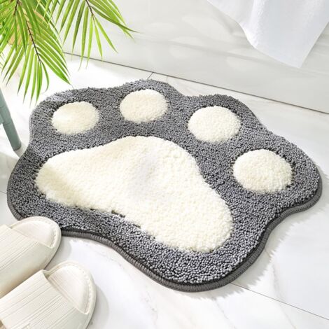 Tapis de bain motif pattes de chat, antidérapant, 45 x 60 cm, lavable, ultra-absorbant et doux, en microfibre grise.