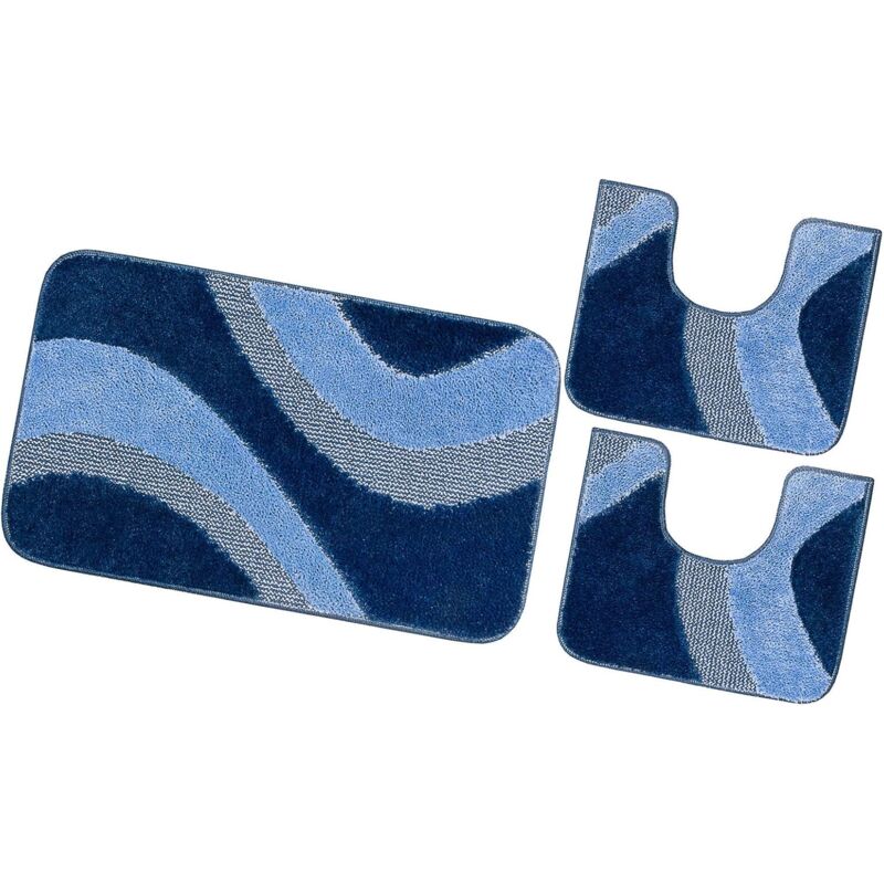 Tapis de bain Parure Set 3 Pièces Antidérapant Shaggy 3D Moderne Absorbant Lavable - Bleu