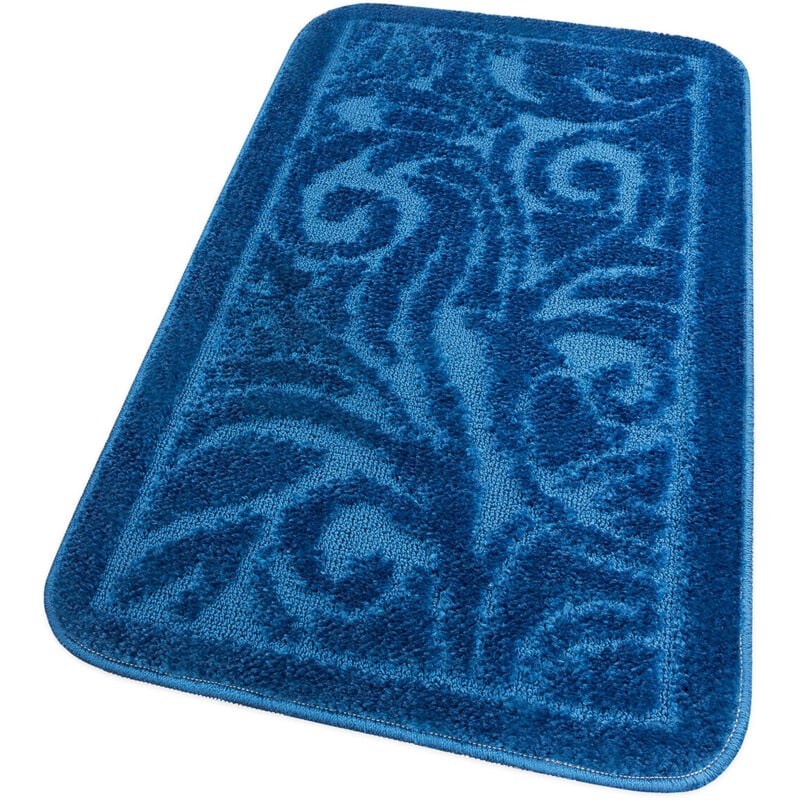 Tapis de Bain Tapis de Douche Doux Lavable Absorbant Baroque Damassé Bleu - 50x80 Cm