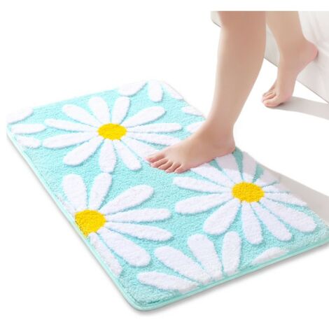 Tapis de bain vert Tapis de bain marguerite Tapis décoratif floral Tapis de salle de bain antidérapant en microfibre super absorbant Lavable en machine