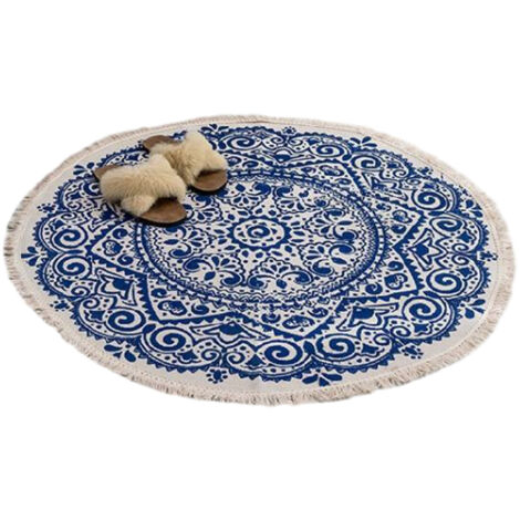 Tapis de chambre rond de style bohème avec pompons, lavable, tapis décoratif à motif mandala, tapis doux antidérapant.