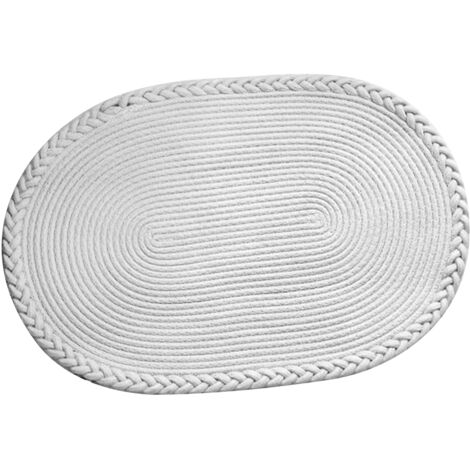 Tapis de Chambre Tapis Ovale Main Tissé Tapis de Chevet Mat de Plancher Unicolore Blanc Polyester 500g Tapis de Bureau Salon