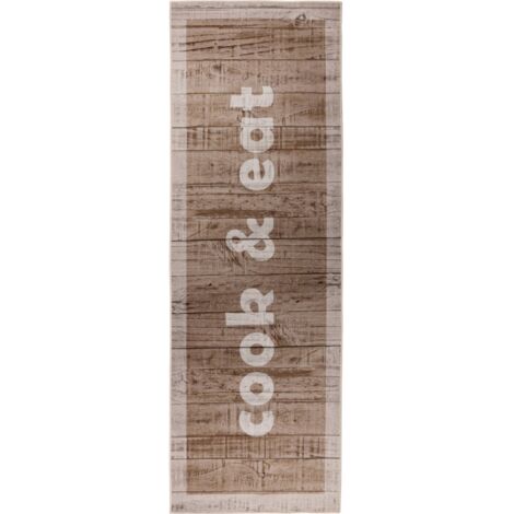 Tapis de couloir beige antidérapant en polyester - beige sable effet bois naturel