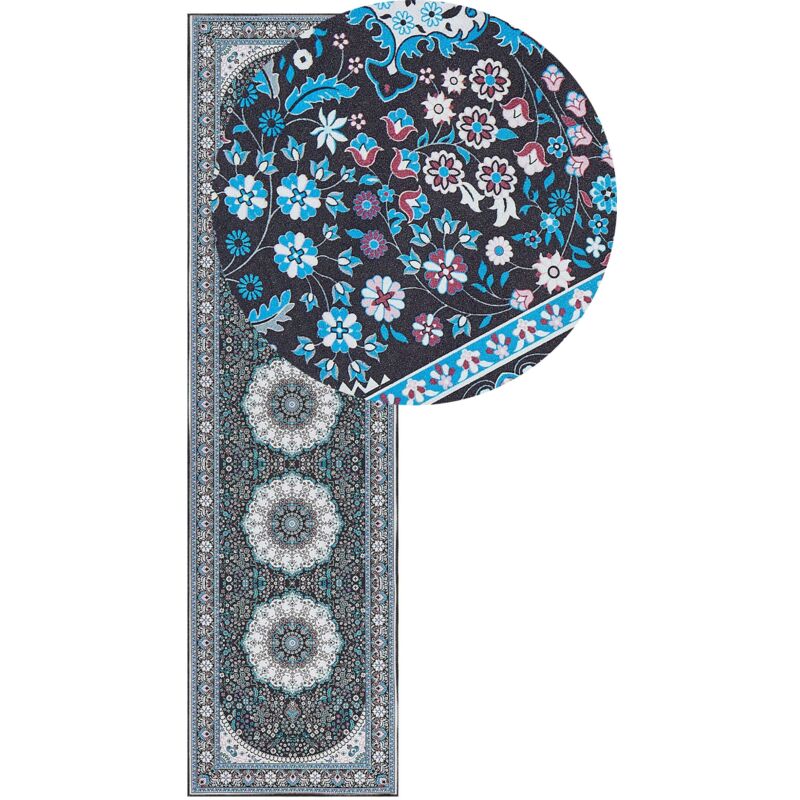 Tapis de Couloir Bleu en Polyester 80 x 300 cm à Motif Circulaires Blancs Gediz