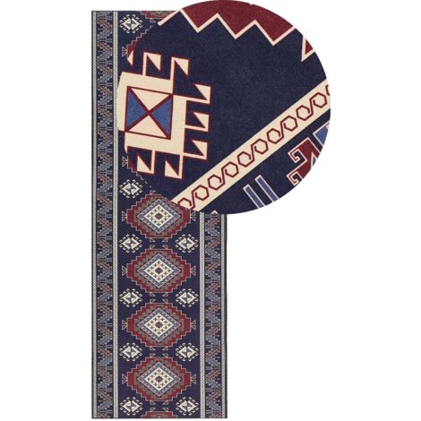 Tapis de Couloir Bleu et Rouge en Polyester 80 x 240 cm à Motif de Losanges Kangal
