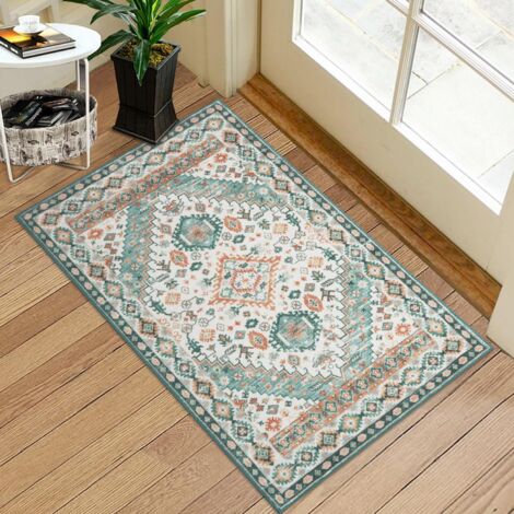 Tapis de couloir bohème à poil court – tapis vintage lavable et antidérapant pour salon, chambre, cuisine et couloir – facile d’entretien, design moderne – couleur : vert et orange