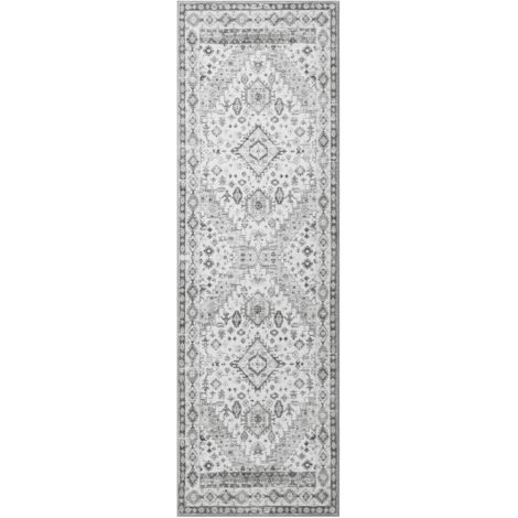 Tapis de couloir vintage – lavable, antidérapant et anti-salissures – Pour salon, chambre, cuisine – Tapis d’espace gris – Durable, à faible poil