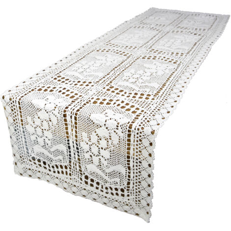 Tapis de course à bandes décoratives blanches au crochet 40/140 pour table basse, commode
