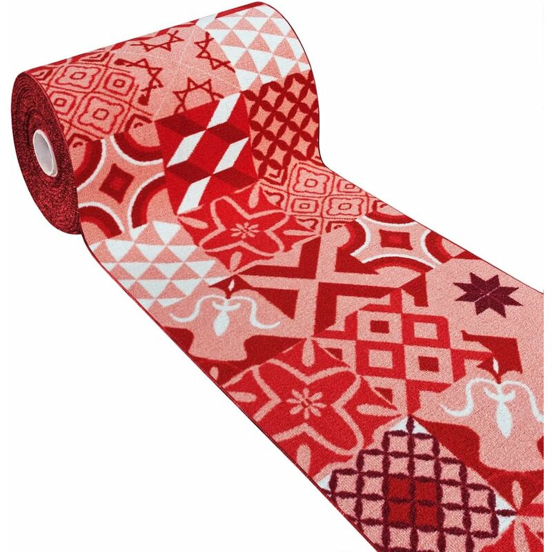 Tapis de Cuisine Antidérapant Moderne Polyvalent Chambre Couloir Fantaisie de Majolique Rouge - 57x140 cm