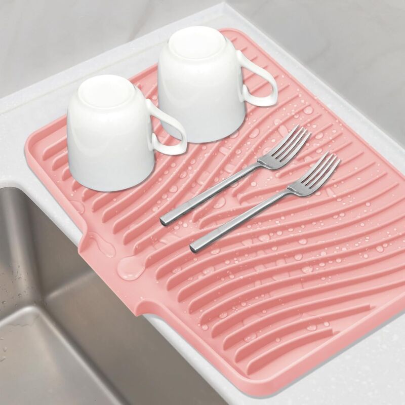 Tapis de cuisine en silicone, tapis d'égouttage, rose