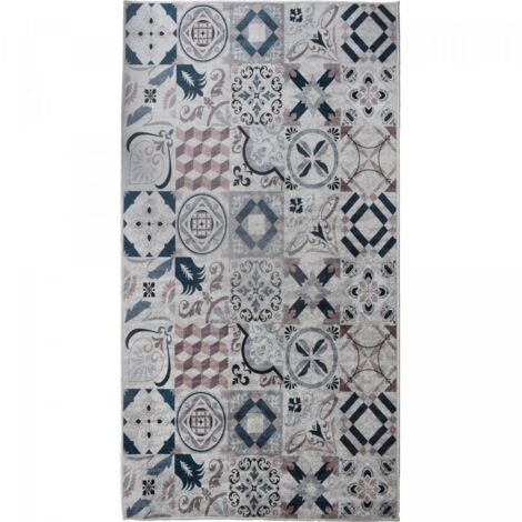 Tapis de cuisine Lavable 30° 130x200 marron et bleu LYN11 CAROMENT A