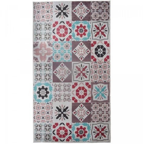 Tapis de cuisine Lavable 30° 130x200 rouge et bleu et écru et gris LYN11 CAROMENT B