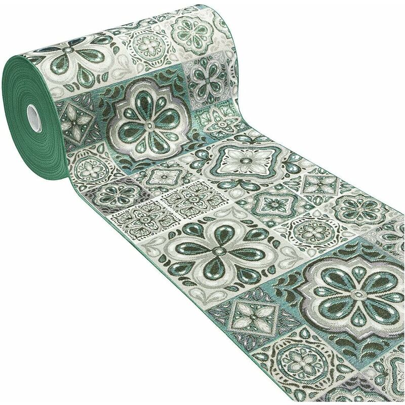 Tapis de Cuisine Tissu Gobelin Coureur Lavable Antidérapant Majolique Vert - 52x80 cm
