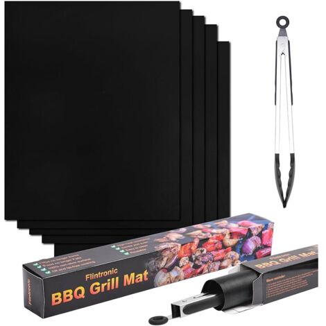 Tapis de Cuisson Barbecue, 5 PCS 40  50cm Tapis Barbecue Set avec Pinces à barbecue et brosse en silicone, Réutilisable, Nettoyage Facile et Anti-adhérent pour au four et électriques etc