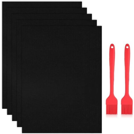 Tapis de Cuisson Barbecue, 5 Pièces 60x40 cm Tapis Barbecue Set, Papier BBQ Réutilisable avec Brosse, Non Stick Four en Téflon Tapis de Cuisson, Nettoyage Facile et Anti-adhérent, Sans PFOA