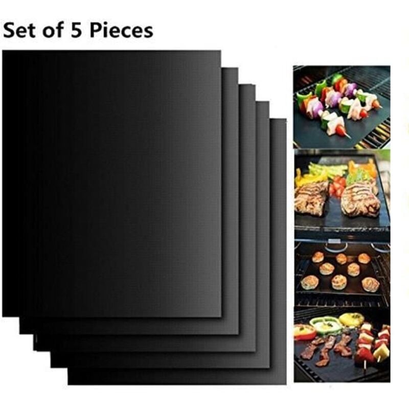 Fuienko - Tapis de cuisson Barbecue Anti-adhérent et Réutilisable pour Barbecue Électrique Gaz et Charbon 40 x 33 cm Noir 5pcs