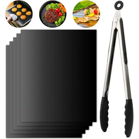 Tapis de Cuisson, Set de 5 Tapis Barbecue 40x33cm Antiadhésif et Réutilisable Barbecue Tapis pour Barbecue gaz Charbon électrique (+1Pince à Barbecue) LangRay