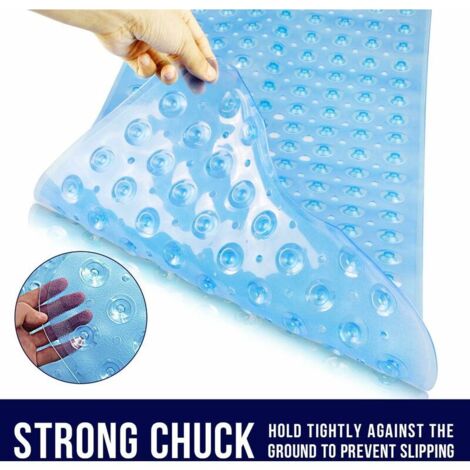 Tapis de douche 100 x 40 cm, baignoire antidérapante avec ventouse, sans odeur de produits chimiques ni tapis de bain en PVC sr, extra long, lavable en machine (bleu)