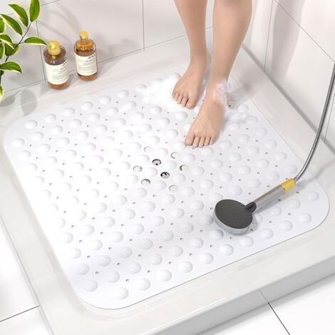 Tapis de Douche Antidérapant, 53x53cm Tapis de Baignoire avec ventouses, Lavable en Machine Tapis de Bain sans BPA, Doux pour Les Pieds, Blanc