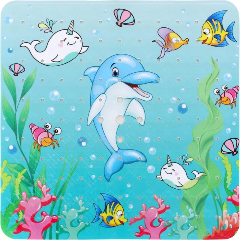 Tapis de douche antidérapant (dauphin), 53x53 cm, design lavable en machine, tapis de salle de bain antidérapant avec ventouse